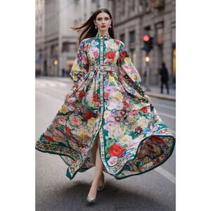 Lai Ming Five Cats Original Floral Belted Maxi Dress Lantern Sleeves Size Medium